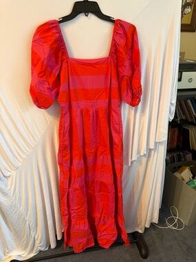 Sugarlips Red and Pink Striped Square-Neck Puff Sleeve Maxi Dress